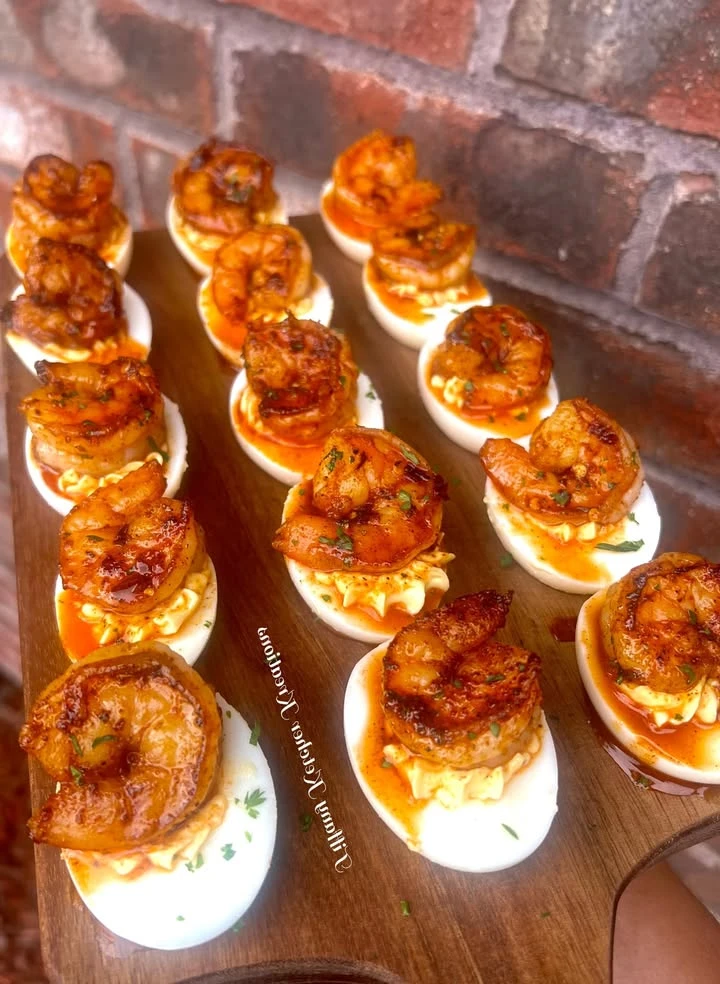 Hot honey shrimp deviled eggs finished