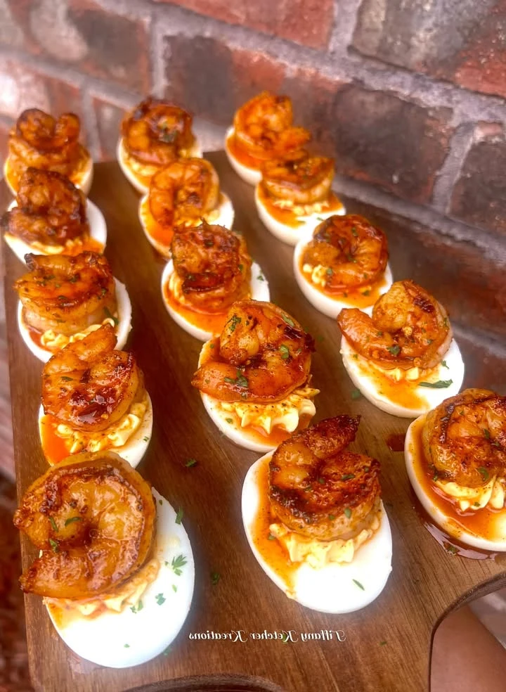 Hot honey shrimp deviled eggs finished