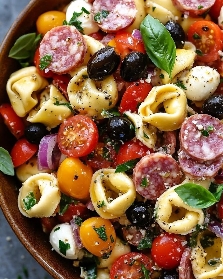 Italian Tortellini Pasta Salad with Salami and Mozzarella ingredients