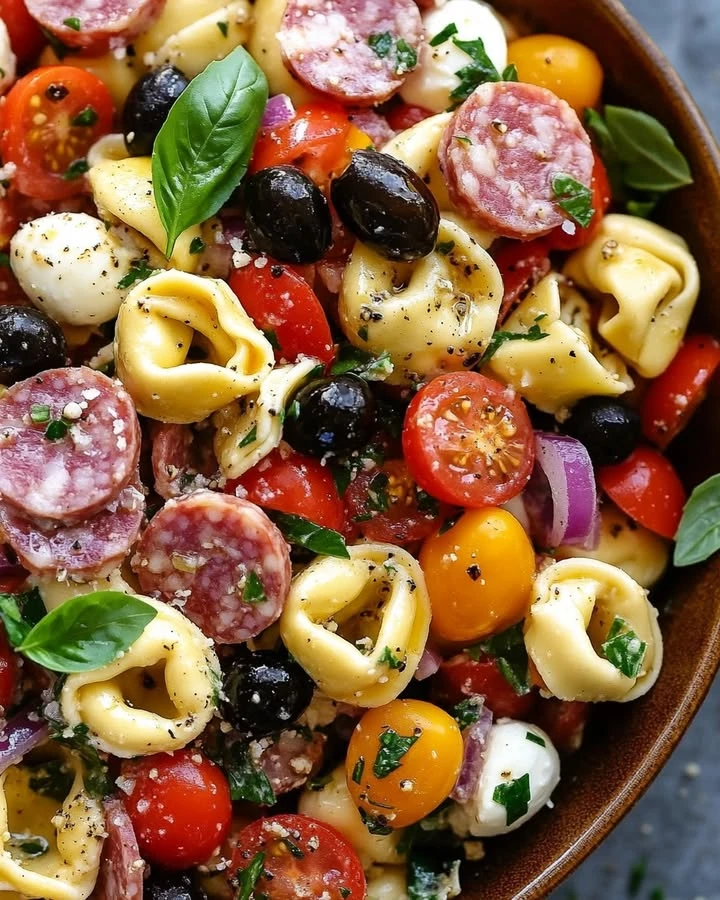 Italian Tortellini Pasta Salad with Salami and Mozzarella finished