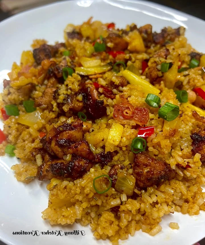 Jerk chicken bacon pineapple fried rice finished
