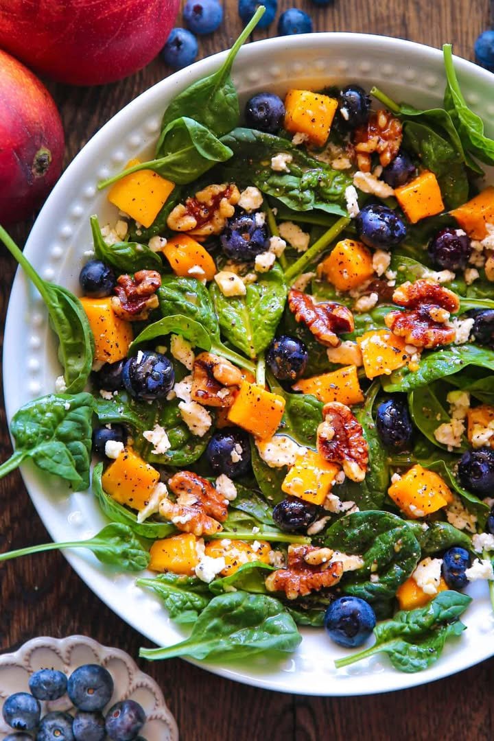 Mango Blueberry Spinach Salad with Walnuts and Feta Cheese ingredients