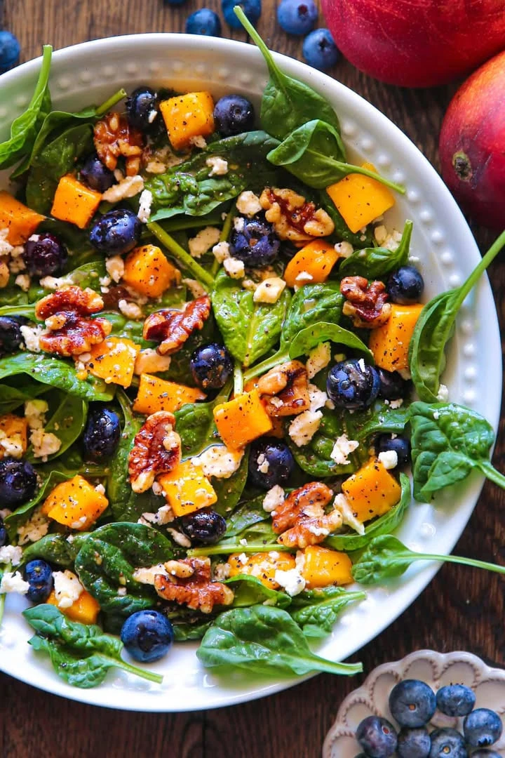 Mango Blueberry Spinach Salad with Walnuts and Feta Cheese finished