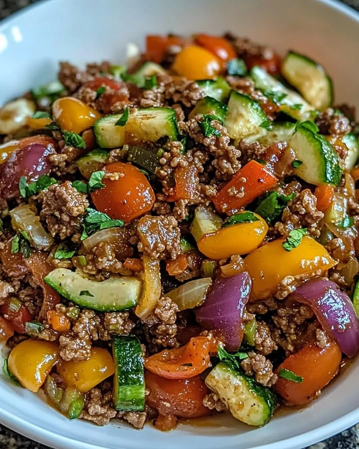Mediterranean Ground Beef Stir Fry finished