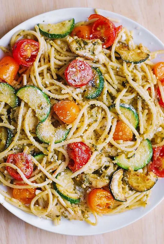 Parmesan Zucchini Tomato Chicken Spaghetti with Basil Pesto finished