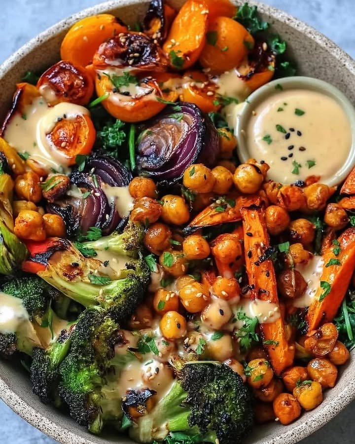 Roasted Veggie & Chickpea Bowls With Maple Dijon Dressing