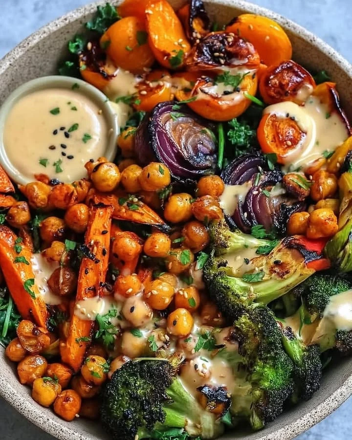Roasted Veggie & Chickpea Bowls with Maple Dijon Tahini Dressing finished