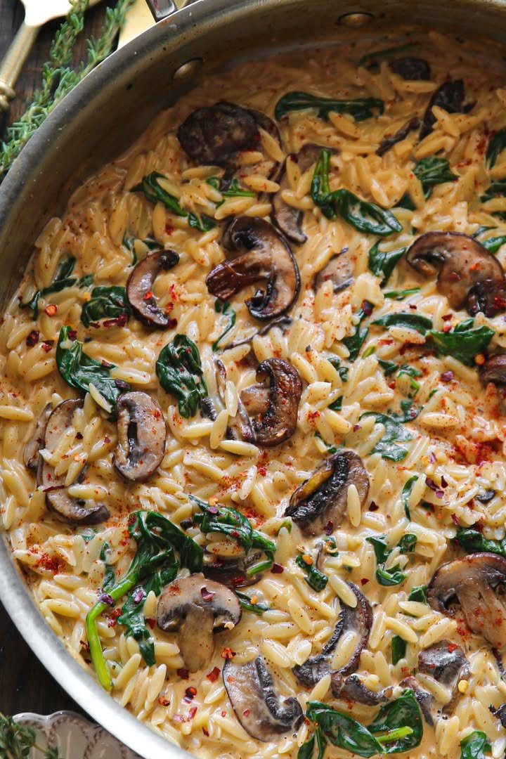 Spinach and Mushroom Orzo in Creamy Garlic Sauce Recipe