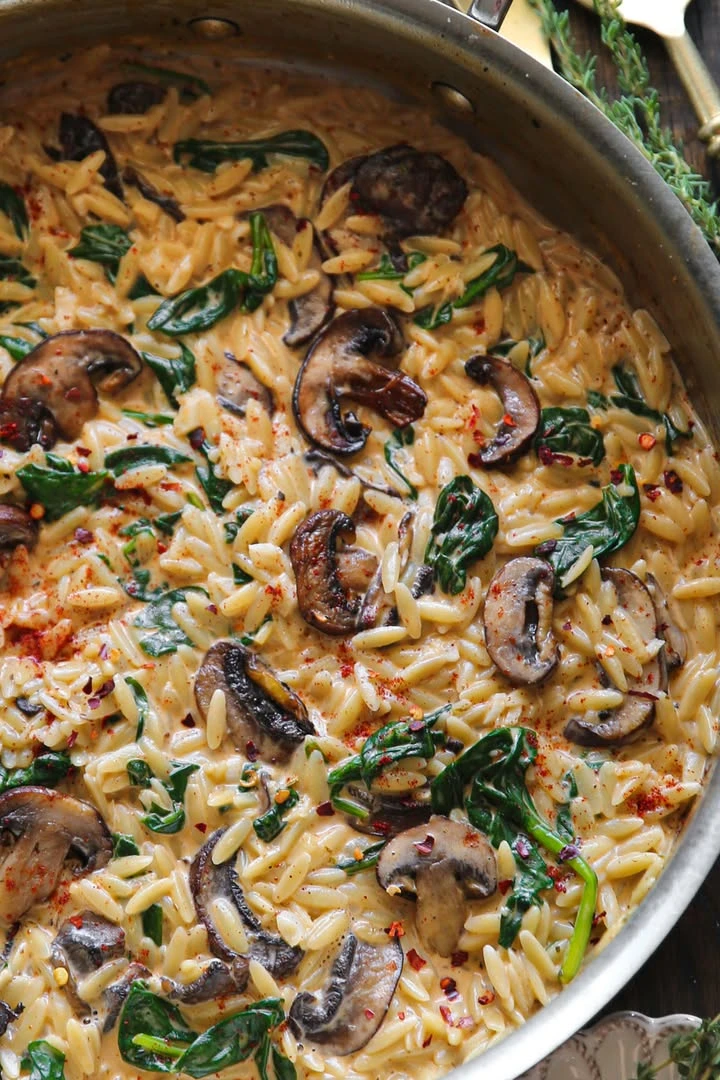 Spinach and Mushroom Orzo in a Creamy Garlic and Smoked Paprika Sauce finished