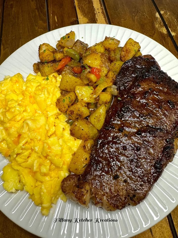 Steak, Cheesy Eggs and Fried Potatoes Recipe