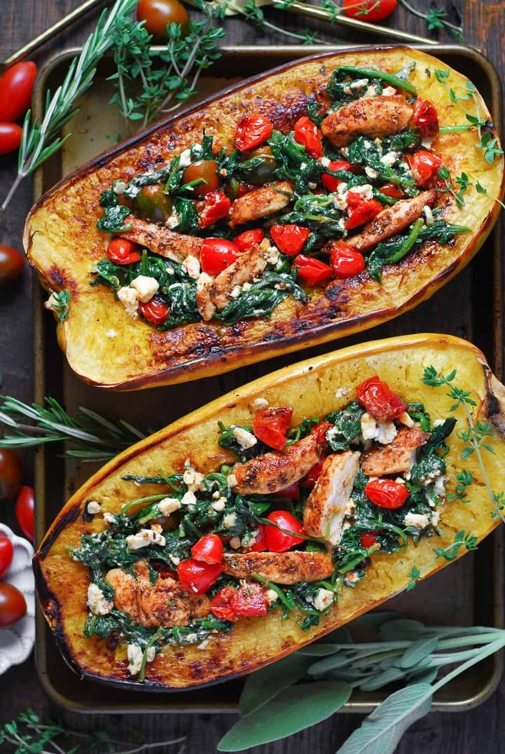 Spaghetti Squash with Chicken, Tomatoes, Spinach, and Feta Recipe