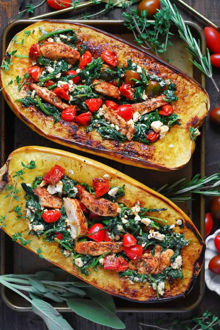 Stuffed Spaghetti Squash with Chicken, Tomatoes, Spinach, and Feta Cheese finished