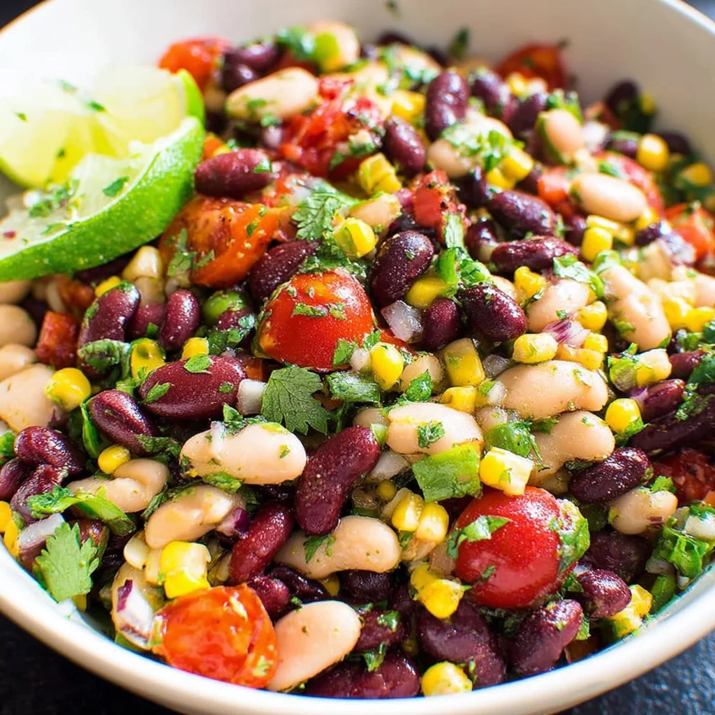 Recipe Title: Mexican Bean Salad or Healthy Mexican bean salad with black beans, kidney beans and white beans are tossed with corn, tomatoes, cilantro and an easy lime dressing. This make ahead salad is perfect for summertime picnics, potlucks and more. step by step