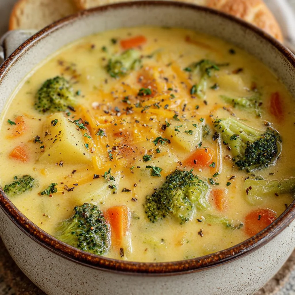 Homemade Creamy Vegetable Cheddar Soup with Milk and Broccoli step by step