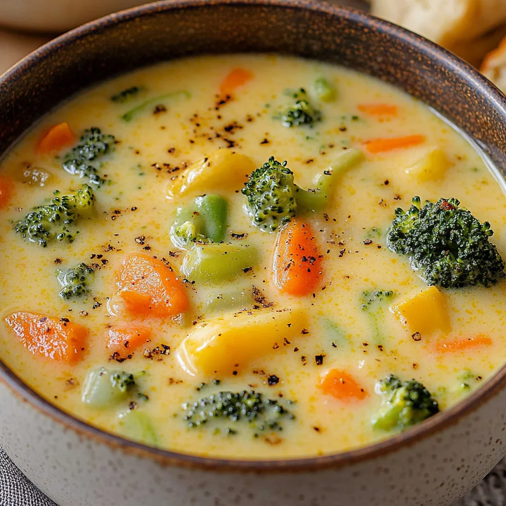 Homemade Creamy Vegetable Cheddar Soup with Milk and Broccoli step by step
