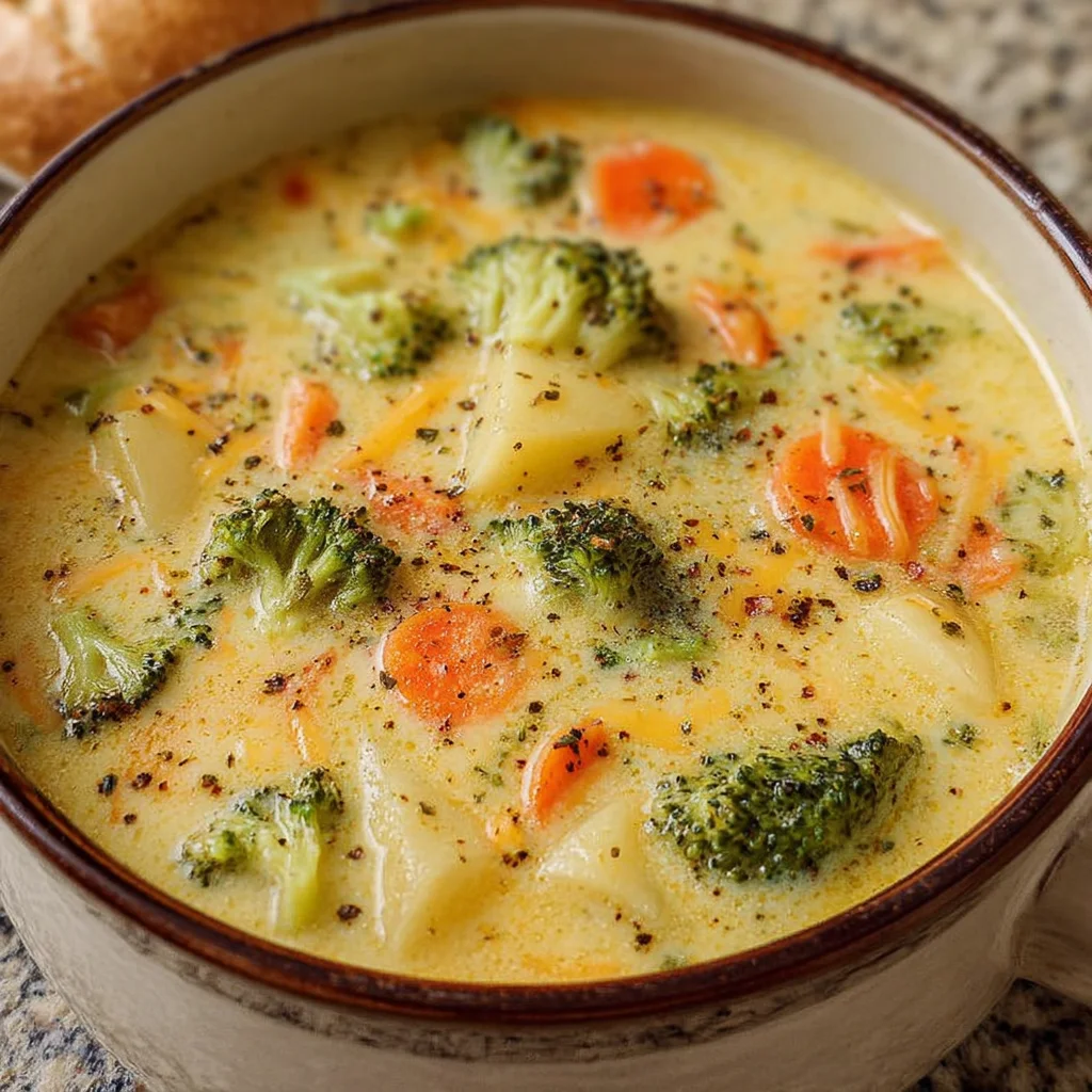 Homemade Creamy Vegetable Cheddar Soup with Milk and Broccoli step by step