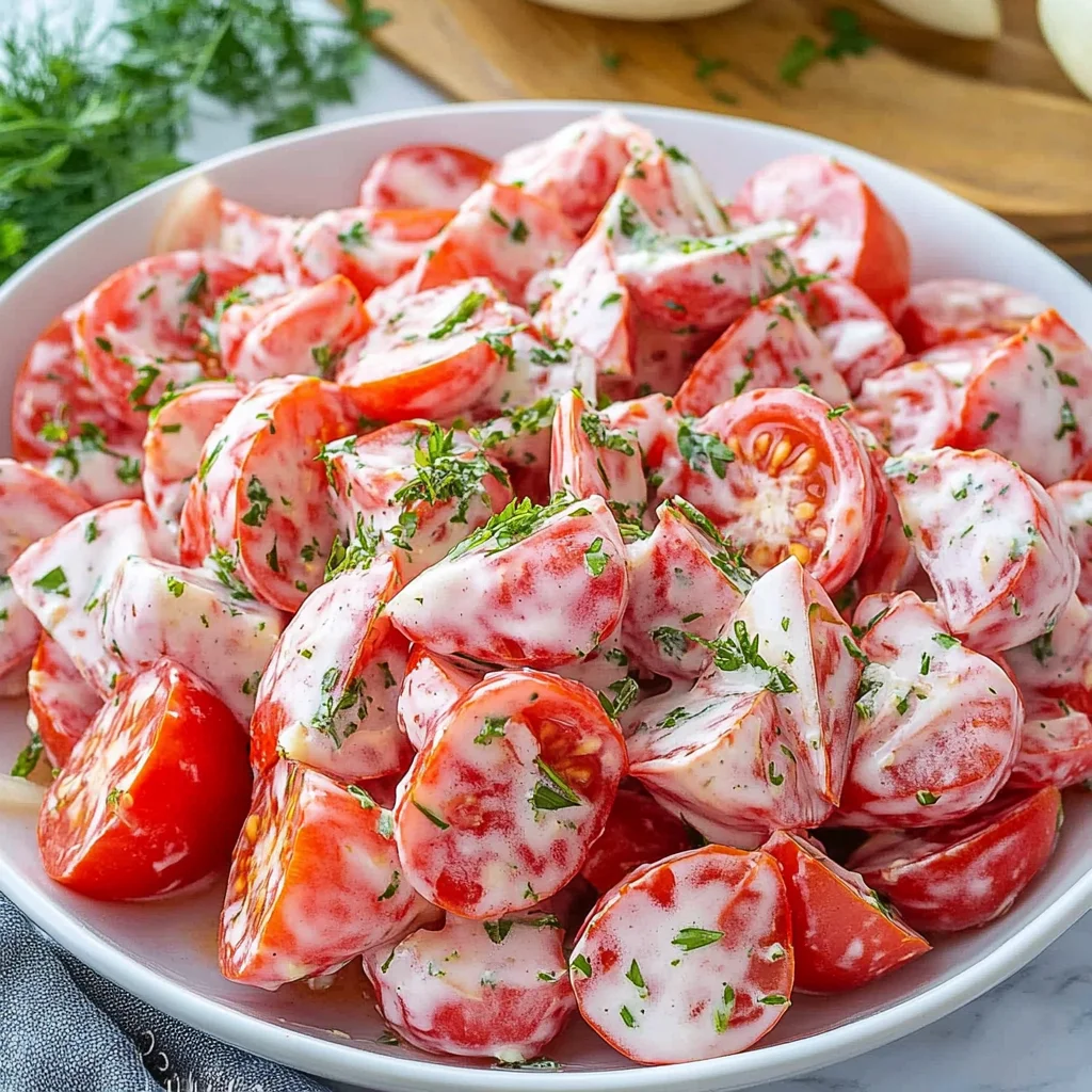 Tomato Garlic Salad or A Tomato Garlic Salad Recipe with juicy vine-ripened tomatoes and creamy dressing is the ideal addition to your summer dinner table this year step by step