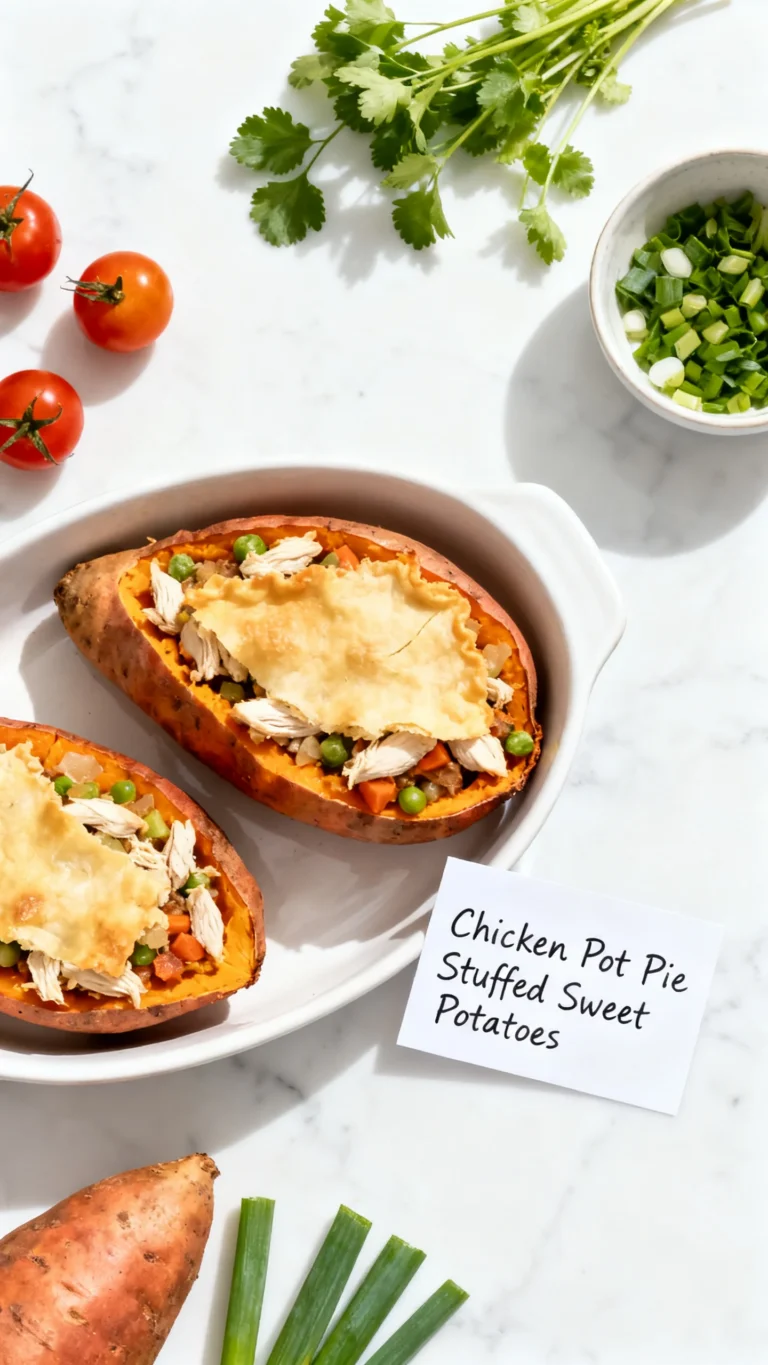 Creamy High-Protein Chicken Pot Pie Stuffed Sweet Potatoes Recipe