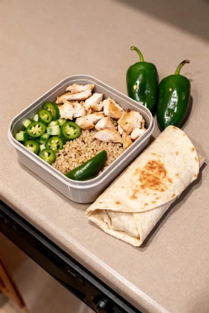 A meal-prep lunchbox with a jalapeño chicken bowl and a wrap next to fresh jalapeño peppers