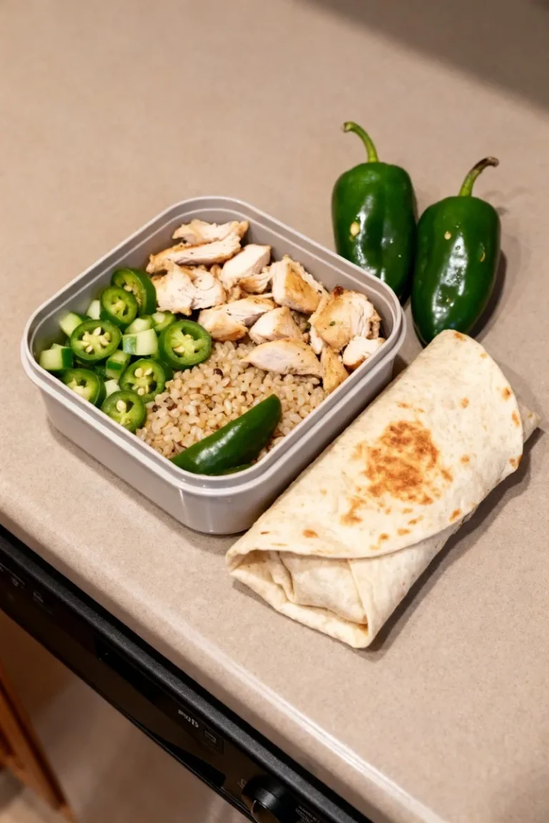 A meal-prep lunchbox with a jalapeño chicken bowl and a wrap next to fresh jalapeño peppers