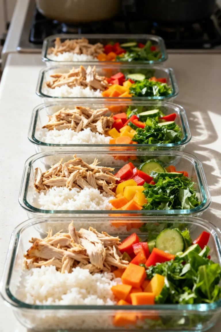 Five meal prep containers with shredded chicken rice and vegetables