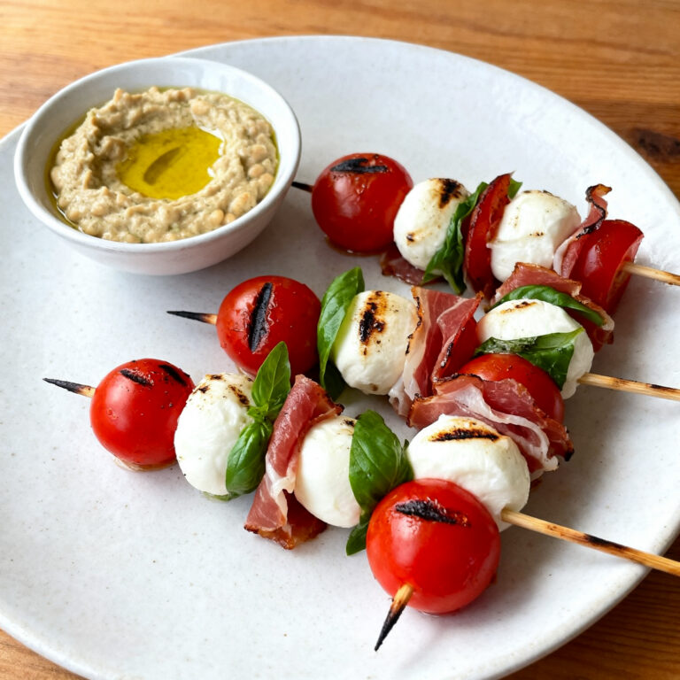 Grilled Antipasto Skewers with Garlicky Bean Dip
